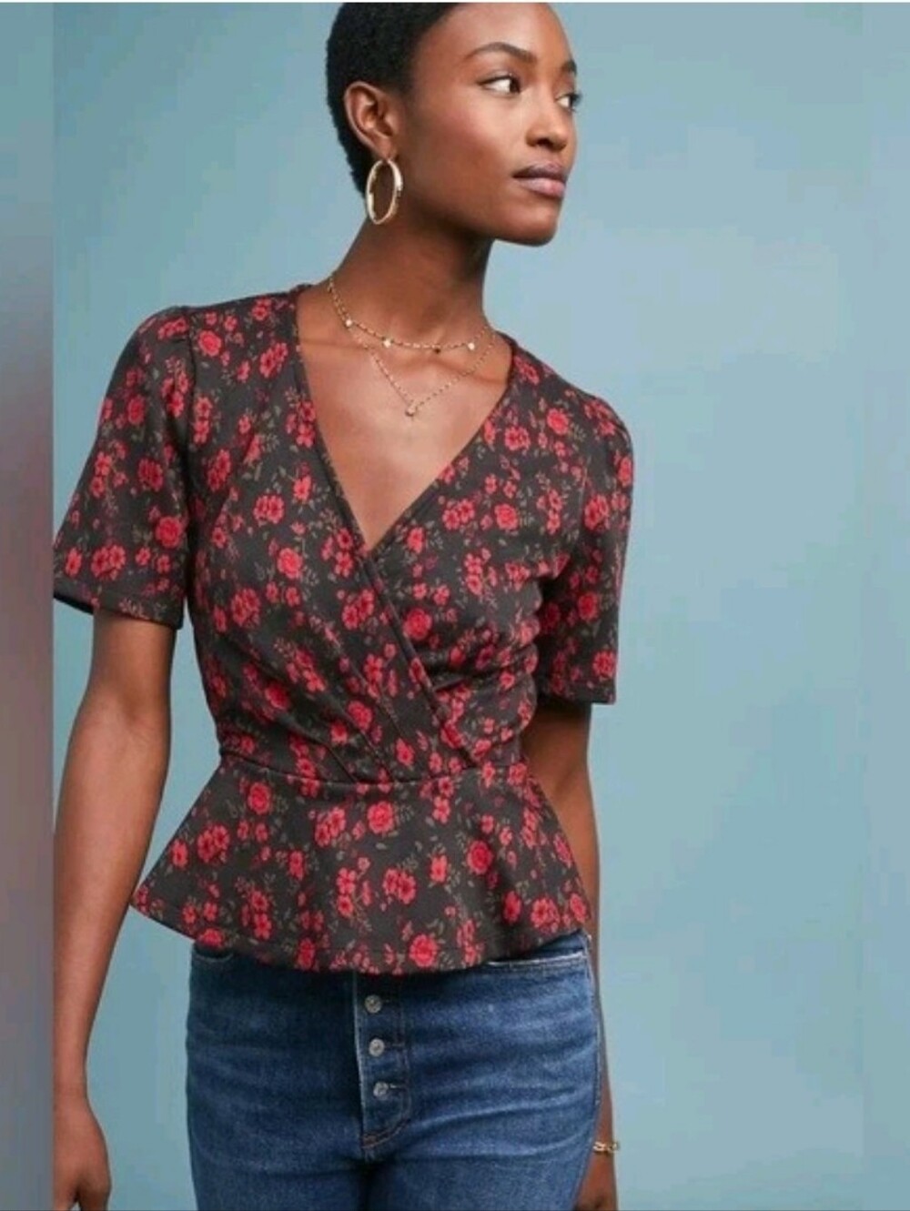 Anthropologie Meadow Rue Black V-Neck Peplum Top with Red Floral Print